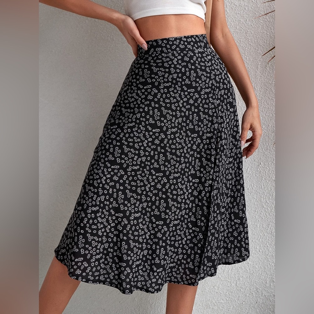 Women’s Floral Print High Waist Split Hem Midi A-Line Skirt - Picture 8 of 8